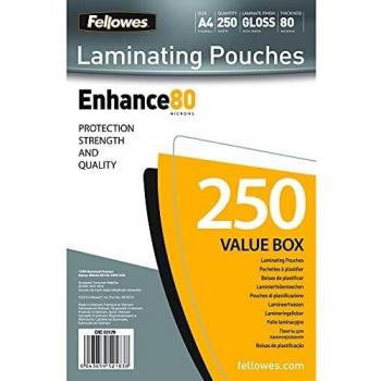Fellowes 5312903 Fundas de plastificar A4 80 Micras para plastificador, paquete de 250 piezas