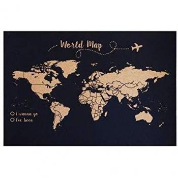 Decowood - Mapa Mundi de Corcho, Grande, para Marcar Tus Viajes por el Mundo y Colgar en la Pared, Fondo Negro - 90x60cm