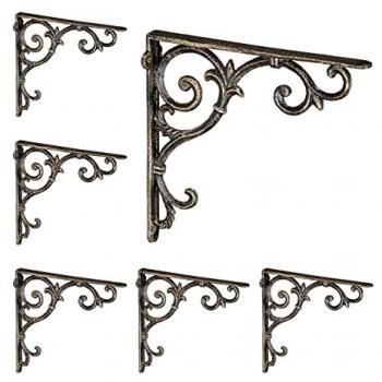 Soporte de estante de hierro fundido, 6 unidades, diseño vintage estilo barroco, ángulo para estantes, color bronce