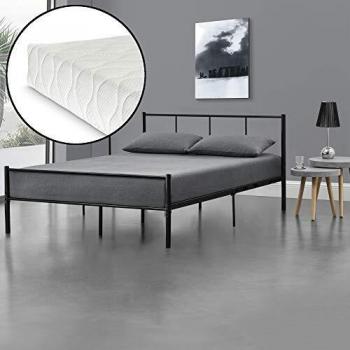 Cama de Metal Argos 140 x 200 cm con Colchón de Espuma Fría y Somier de Listones - Color Negro