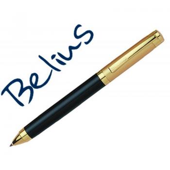 Belius Bolígrafo Frankfurt Negro y Dorado Tinta Azul con Estuche Metálico de Alta Durabilidad Modelo Sin Capuchón con Gancho para Bolsillo BB227