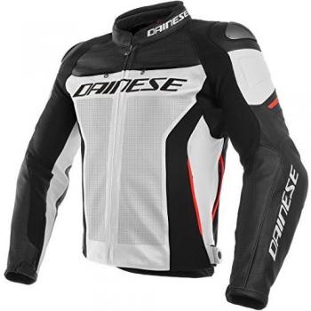 Dainese Racing 3  Chaqueta de Moto de Piel Perforada Color Blanco/Negro/Rojo 44  Euro/34  EE. UU.