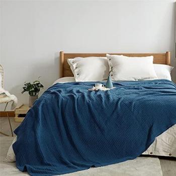 Bedsure Manta Sofá Verano Algodón 100% - Plaid para Sofá Grande de Waffle 220x240 cm, Manta Multiuso para Cama 135/150 y Cubresofa, Azul