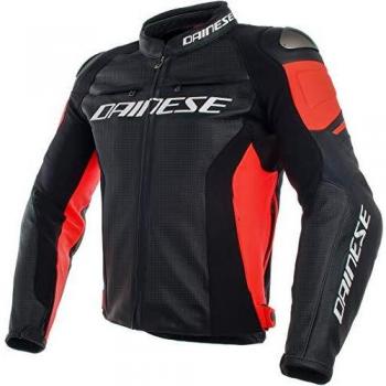 Dainese Racing 3  perforado piel moto chaqueta color negro/negro/rojo fluorescente
