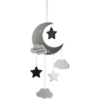 Carrusel para Cuna Atmosphera Luna Gris de Madera MDF con Diseño de Nubes y Lunas