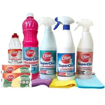 Kit completo de limpieza para el hogar: incluye 3 bayetas, 12 estropajos, 1 limpia todo, 1 desengrasante, 1 limpia baños, 1 fregona y un fregasuelos
