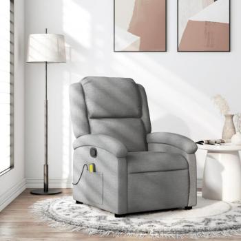 Silla de masaje reclinable gris claro en tela con función de masajes, diseño ergonómico, reposabrazos acolchados, respaldo ajustable y tapizado en tela suave