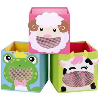 SONGMICS Cajas de Almacenamiento, Juego de 3, Organizadores de Juguetes, Cesta, Plegable, para Habitación Infantil, Sala de Juegos, 27 x 27 x 27 cm, Tema de Animal, Azul, Verde y Rosa RFB01PG