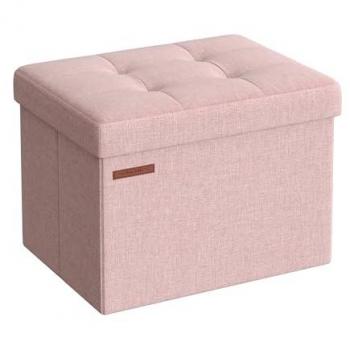 Taburete de almacenaje con tapa, baúl resistente hasta 300kg, tapizado en textil de lino, colores azul, gris, negro, topo, rosa; Puff Almacenaje 41 cm Rosa Caramelo; Taburete