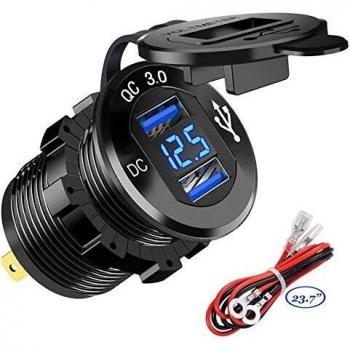 GemCoo USB de Cargador QC3.0 Cargador Rápida de Dos Puertos USB Aluminio 12V / 24V 36W Pantalla LED Digital para Adaptador Cargador para Coches, Motos, Motocicleta o Barco