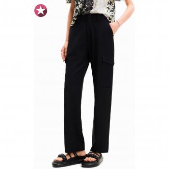 Desigual Women's Black Straight Trousers with Zip and Button Fastening