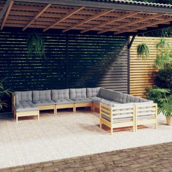 11-Piece Pinewood Garden Lounge Set with Gray Cushions