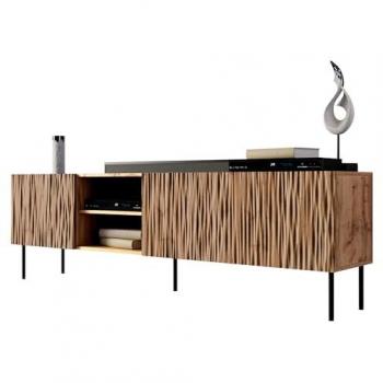 Mesa de TV Charlotte K103, Wotan Roble y Negro, 190x60x41cm, con 4 puertas y sistema de apertura push to open