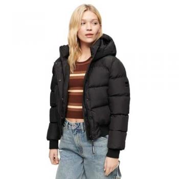 Chaqueta Sports Puffer Bomber con capucha Superdry negra para mujer - Talla 16