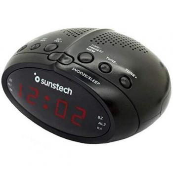 Sunstech FRD17 Radiodespertador con Pantalla LED, Radio FM, 20 presintonías y Alarma Dual. Color Negro.