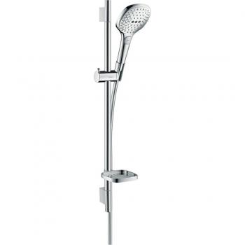 Conjunto de ducha Hansgrohe Raindance Select E120 3jet con barra Unica'S Puro de 65 cm y jabonera blanco/cromo