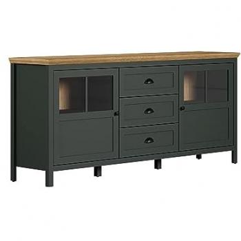 Buffet bajo STANTON con iluminación LED, 2 puertas y 3 cajones, color verde abeto / roble evocado, L185 cm