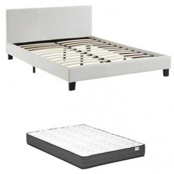Cama 140 x 190 cm - Piel sintética - Blanco + colchón - CORNELIUS II