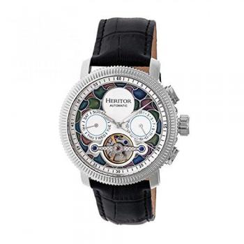 Heritor Aura Men's Automatic Semi-Skeleton Leather Band Watch with Day/Date - Silver Stainless Steel
