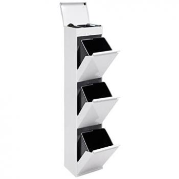 Cubo de Basura y Reciclaje de Acero Blanco con 3 Compartimentos y Bandeja Superior Multiusos - 3 x 17L (51L)