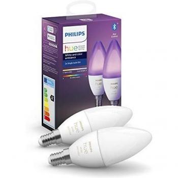 Philips Hue Bombilla Inteligente Vela LED E14, 5.2 W, con Bluetooth, Luz Blanca y de Colores, Compatible con Alexa y Google Home