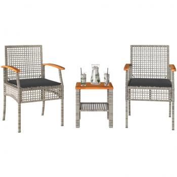 3-Piece Bistro Set with Cushions Gray Poly Rattan Acacia Wood