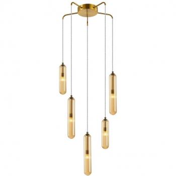 Lámpara colgante Lucande Freylin, 5 luces, color ámbar, material cristal, diámetro 48 cm