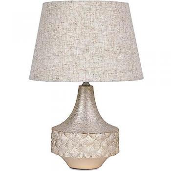 Lámpara de Mesa Redonda 30x44 cm con Conchas Champagne y Tulipa Beige - Modelo Beyonce, Cerámica y Poliéster