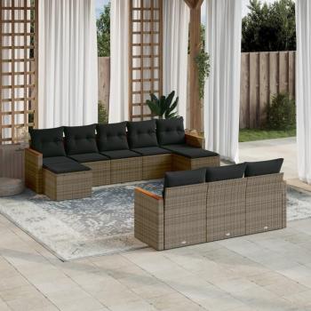 10-Piece Grey Poly Rattan Garden Sofa Set with Cushions