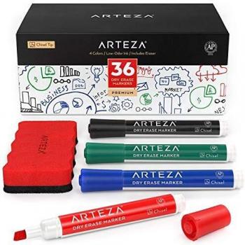 Arteza Rotuladores pizarra blanca, pack a granel de 36 marcadores de punta biselada y un borrador magnético, 4 colores surtidos, tinta de bajo olor, rotuladores borrables para aulas, oficina y hogar