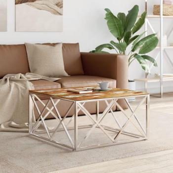 Mesa de centro vidaXL de acero inoxidable y madera maciza de acacia, en colores plateado, dorado y marrón claro, adecuada para salón o comedor, también como mesita auxiliar o mesa de café