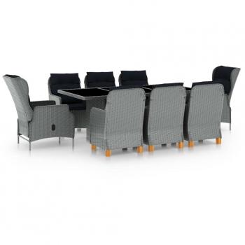 9-Piece Light Grey Poly Rattan Outdoor Dining Set with Cushions