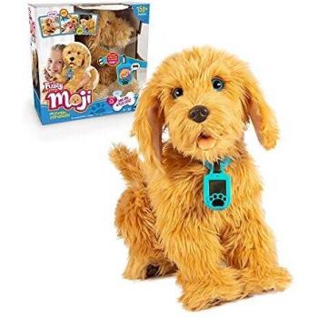 Famosa - Moji, Perro de peluche labrador interactivo, con más de 150 reacciones y trucos, tiene sonidos y movimientos, un collar inteligente emociones para los cuidados y accesorios,
