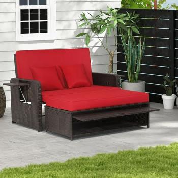 Patio Rattan Daybed with 4-Level Adjustable Backrest & Retractable Side Tray