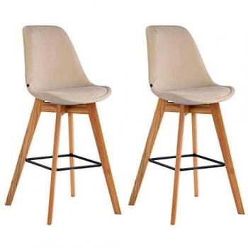 Set de 2 Taburetes Metz en Terciopelo Crema con Respaldo y Reposapiés, Base de Madera Natural