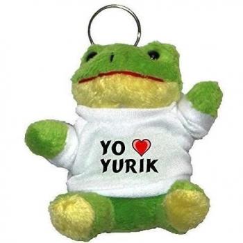 Rana de peluche (llavero) con Amo Yurik en la camiseta (nombre de pila/apellido/apodo)