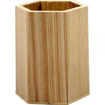 Portalápices hexagonal de madera natural, 8 x 8 x 10,5 cm