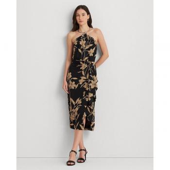 Lauren Ralph Lauren - Black Floral Midi Dress with Halter Neck, Size 2