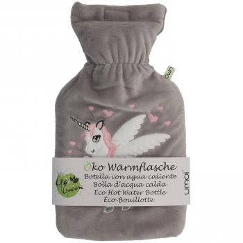 Bolsa de agua caliente 1 litro con cubierta de vellón suave bordada Einhorn, cierre de velcro y forro extra