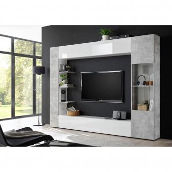 Mueble TV SIRIUS con compartimentos - Color: blanco lacado y cemento