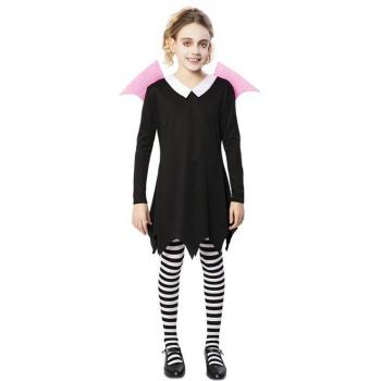 Disfraz de Vampirita para niña, incluye vestido negro con detalles en morado y rojo, capa desmontable, medias a rayas y diadema con cuernos