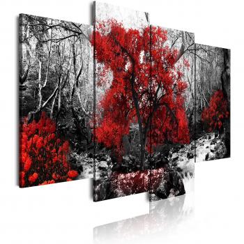 DekoArte 273 - Cuadros Modernos Impresión de Imagen Artística Digitalizada | Lienzo Decorativo Para Salón o Dormitorio | Estilo Paisaje Blanco y Negro con Árboles Rojos Naturaleza | 4 Piezas 120x85cm