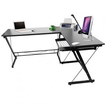 Iglobalbuy Escritorio de la forma de L, estación de trabajo de la esquina grande PC Tabla de la computadora portátil Muebles de la oficina en casa Escritorio de la computadora con el teclado deslizante