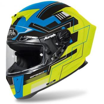 Airoh Casco Integral GP550 S Azul-Amarillo con características de diseño aerodinámico, sistema de ventilación eficiente, interior desmontable y lavable, visera ajustable y homologación ECE 22.05