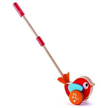 Hape Lilly Musical Push Toy - Red Wooden Bird with Adjustable Handle
