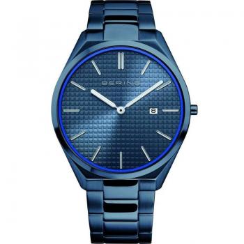 Bering Time - Reloj para Hombre Ultra Slim 17240-797, Esfera Azul con Patrones de Cuadros, Brazalete de Acero Inoxidable Azul, Diámetro de 40mm