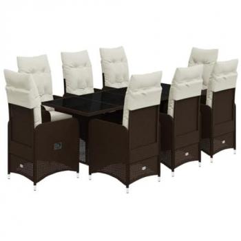 Set de mesa y sillas jardín 9 piezas con cojines de ratán PE marrón