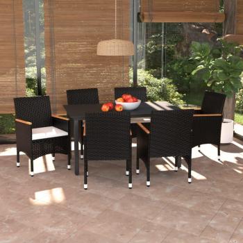 7-Piece Black Poly Rattan Garden Dining Set with Cushions