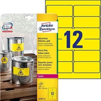 Avery España L6107-20.Caja de 240 etiquetas amarillo fluorescentes de poliéster