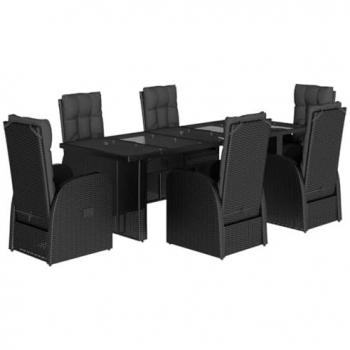 Set de comedor de jardín 7 pzas y cojines ratán sintético negro
